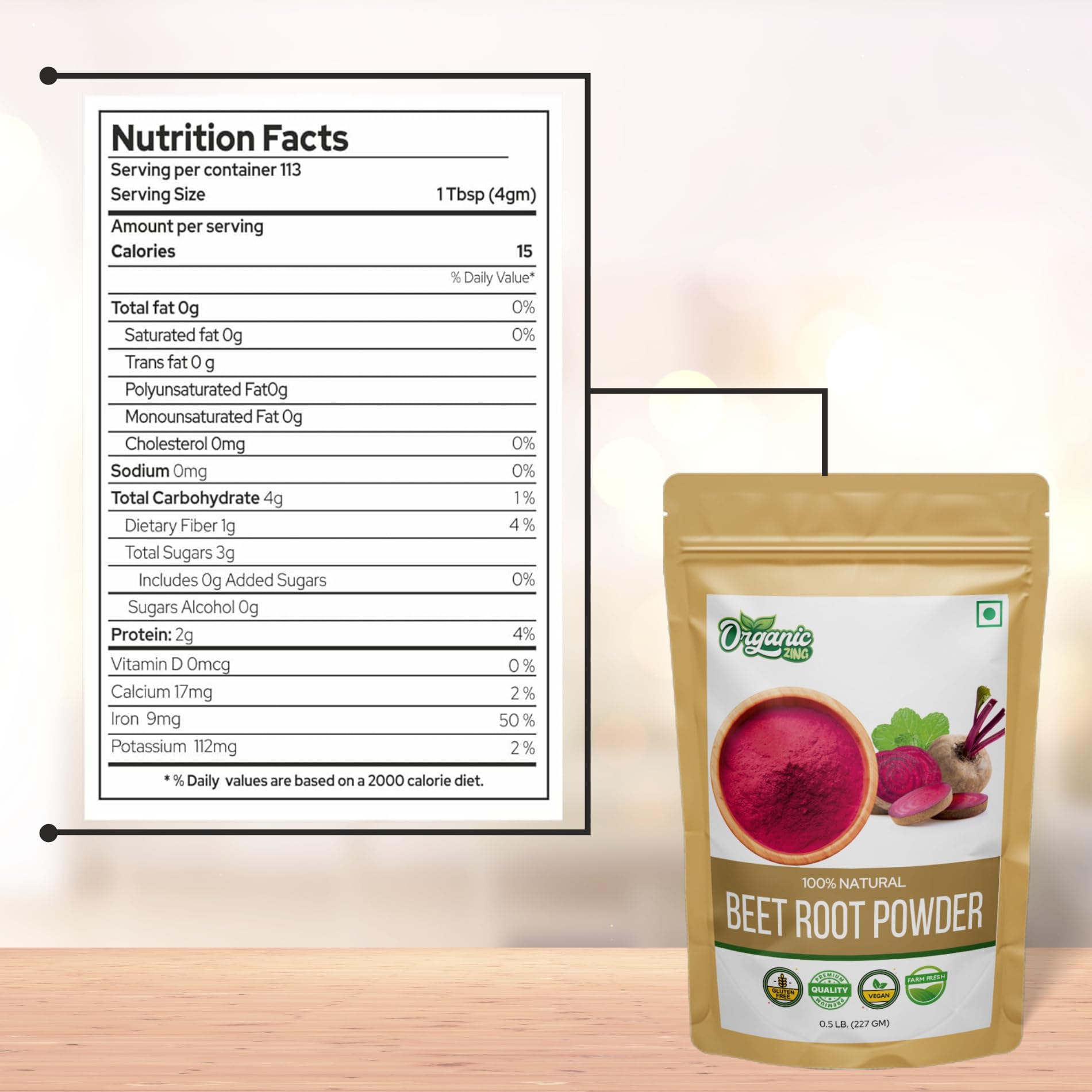 Organic Zing Beetroot Powder/Vegan/Preservative Free/Product of India - 227gm Resalable Pack (Pack of 2)