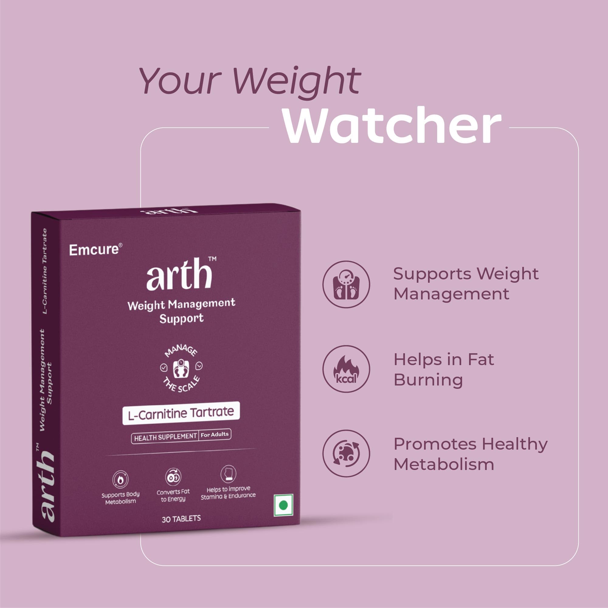 Arth Weight Management | Weight Management Supplement with L-Carnitine Tartrate 1500 mg | Metabolism Booster | Emcure Pharmaceuticals Ltd. | 30 Veg Weight Management Tablet for Men and Women