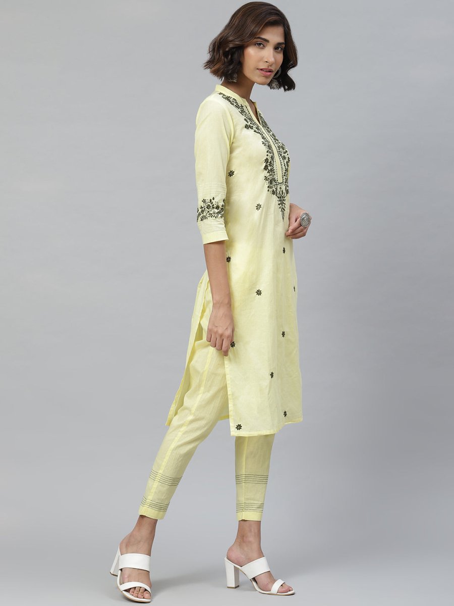 ADA Women Yellow & Olive Green Chikankari Floral Embroidered Sustainable Handloom Kurta with Trousers - Distacart