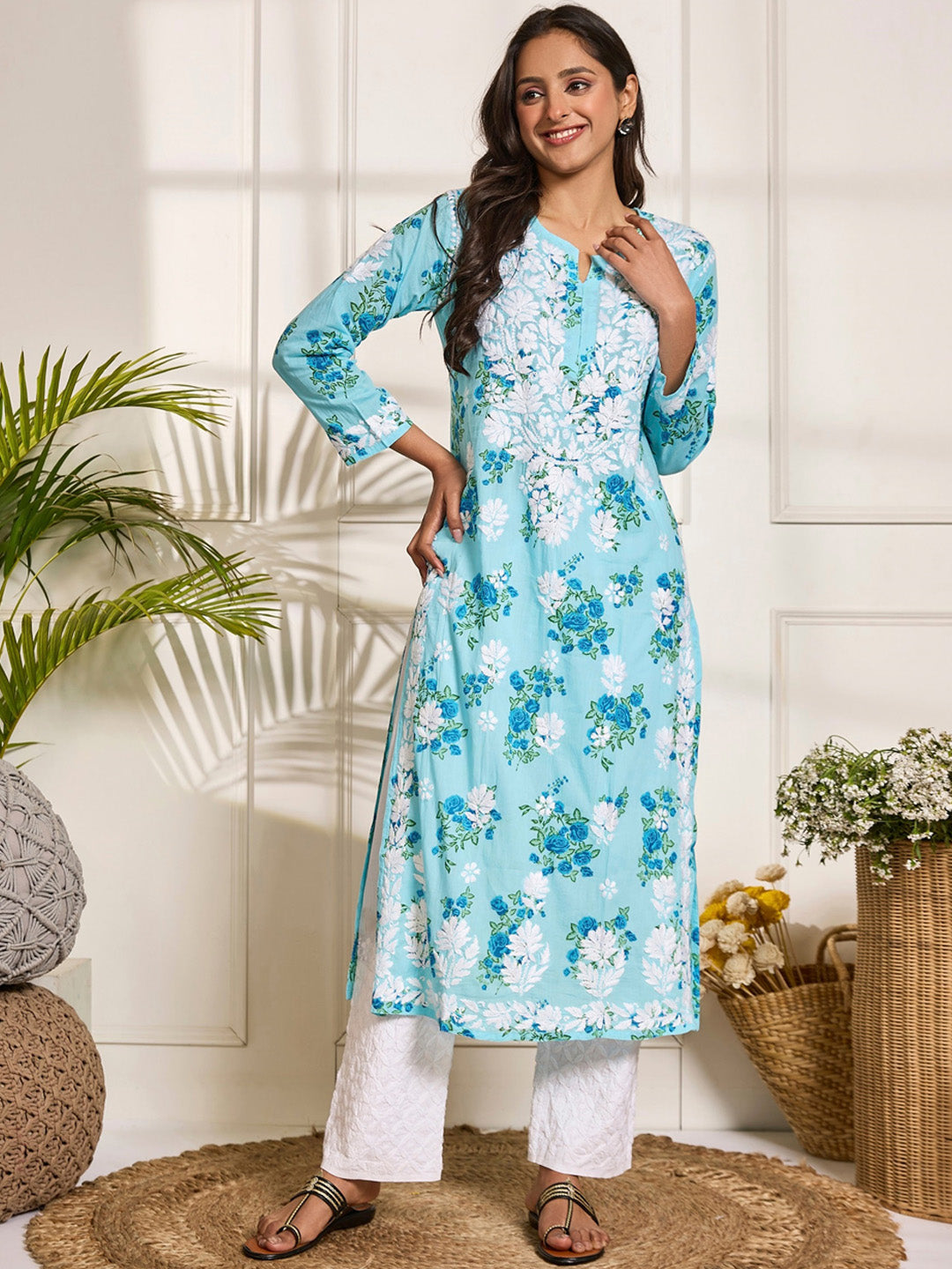HOUSE OF KARI Floral Embroidered Chikankari Pure Cotton Kurta - Distacart