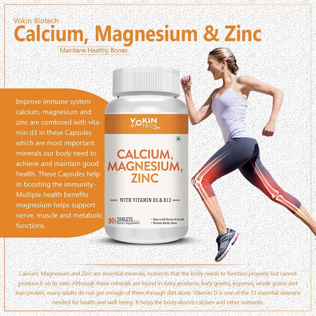 Vokin Biotech Calcium, Magnesium, Zinc, D3 & B12-90 Tablets