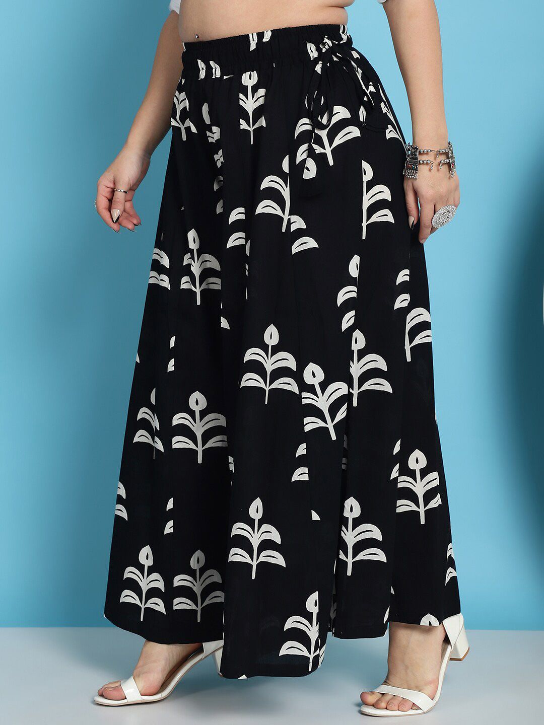 TAG 7 Floral Block Printed Flared Pure Cotton Ethnic Palazzos