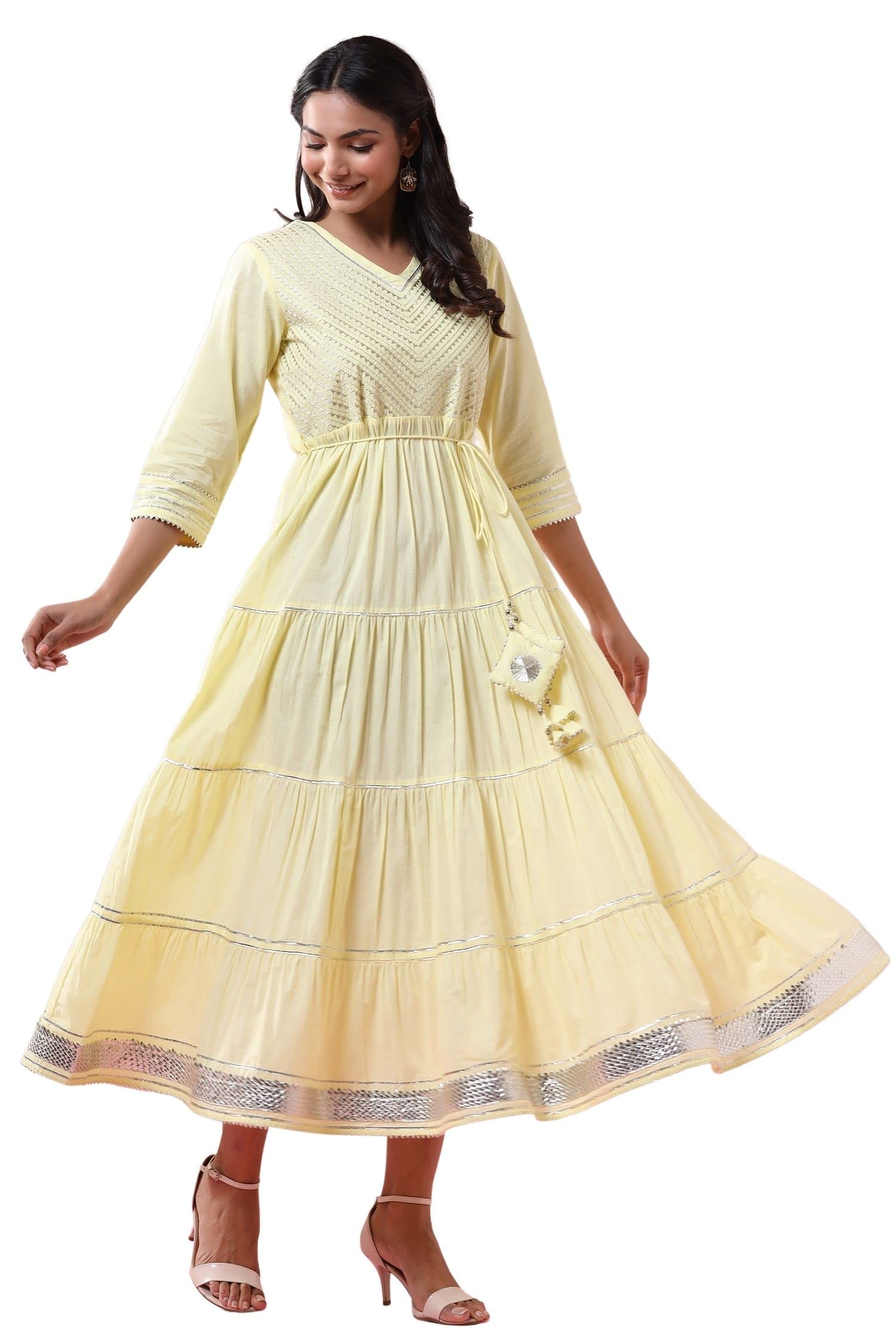 Juniper Women's Yellow Solid Pure Cotton Solid Tiered Maxi Dress With Gota Work Dori Tie-Up & Cushioned Tassels At Waist - Distacart