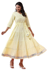 Thumbnail for Juniper Women's Yellow Solid Pure Cotton Solid Tiered Maxi Dress With Gota Work Dori Tie-Up & Cushioned Tassels At Waist - Distacart