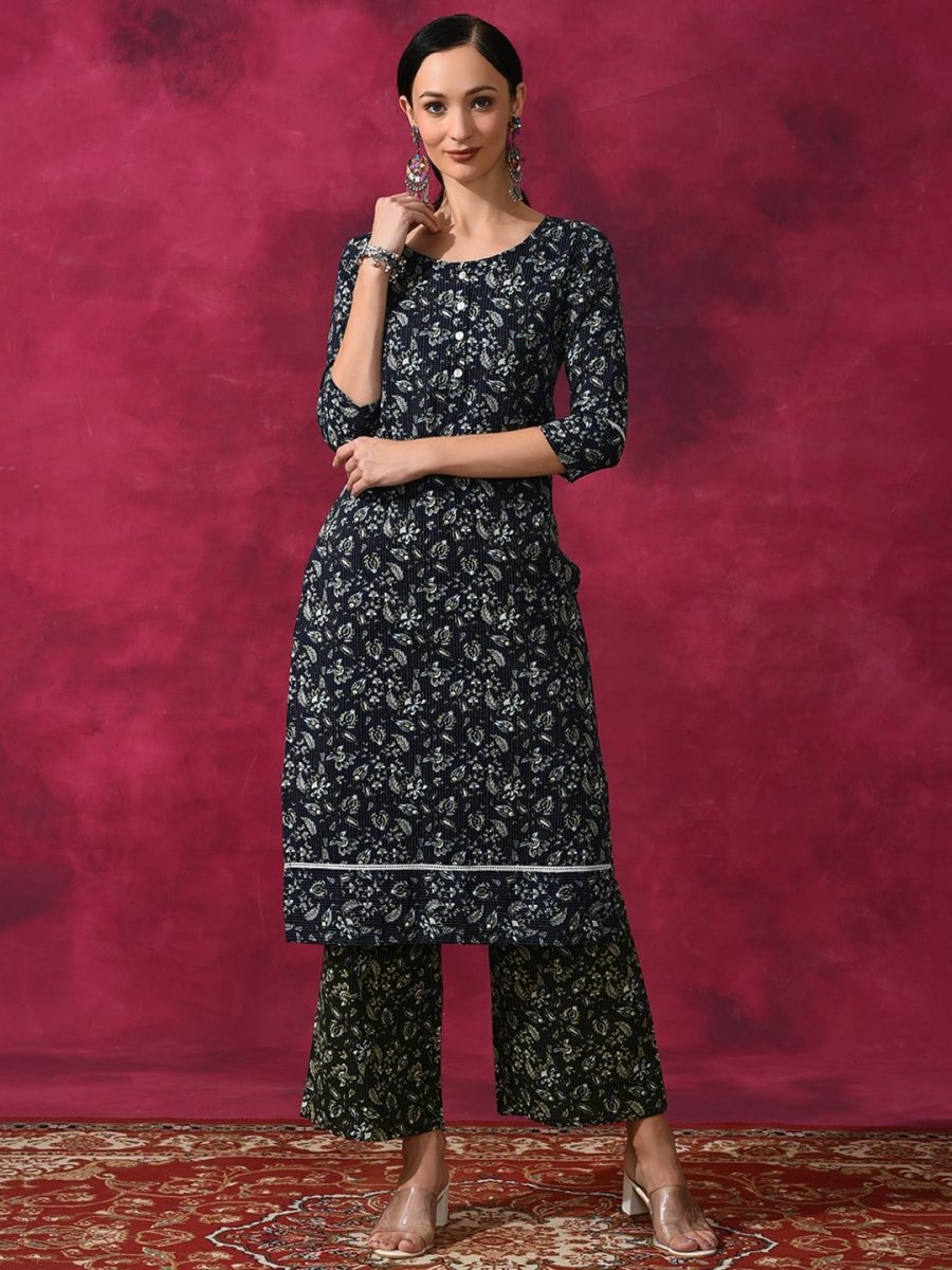Aks Floral Printed Round Neck Kantha Work Detailed Pure Cotton Kurta with Palazzos - Distacart