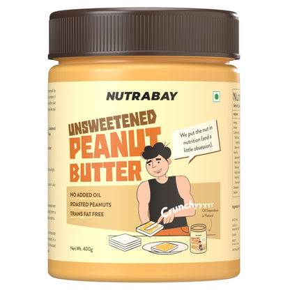 Nutrabay Foods All-Natural Peanut Butter (Crunchy) - Unsweetened, 400g | 28g Protein, Zero Cholesterol, Vegan, Gluten Free, Non GMO