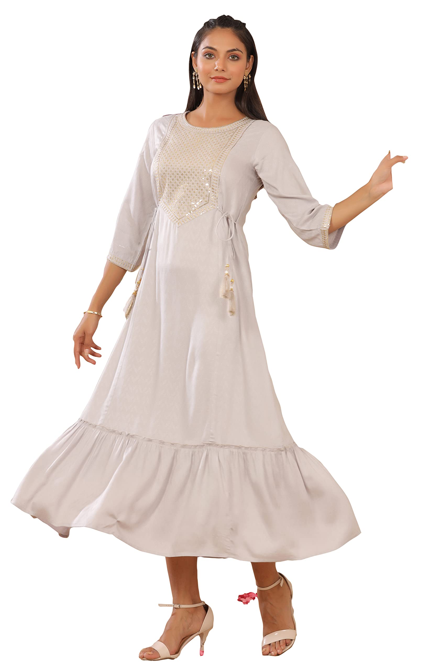 Juniper Women's Grey Zari Embroidered Rayon Dobby Maxi Dress - Distacart