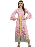 Thumbnail for Juniper Women's Pink Floral Printed Rayon Kurta With Buttons Closure At Back - Distacart