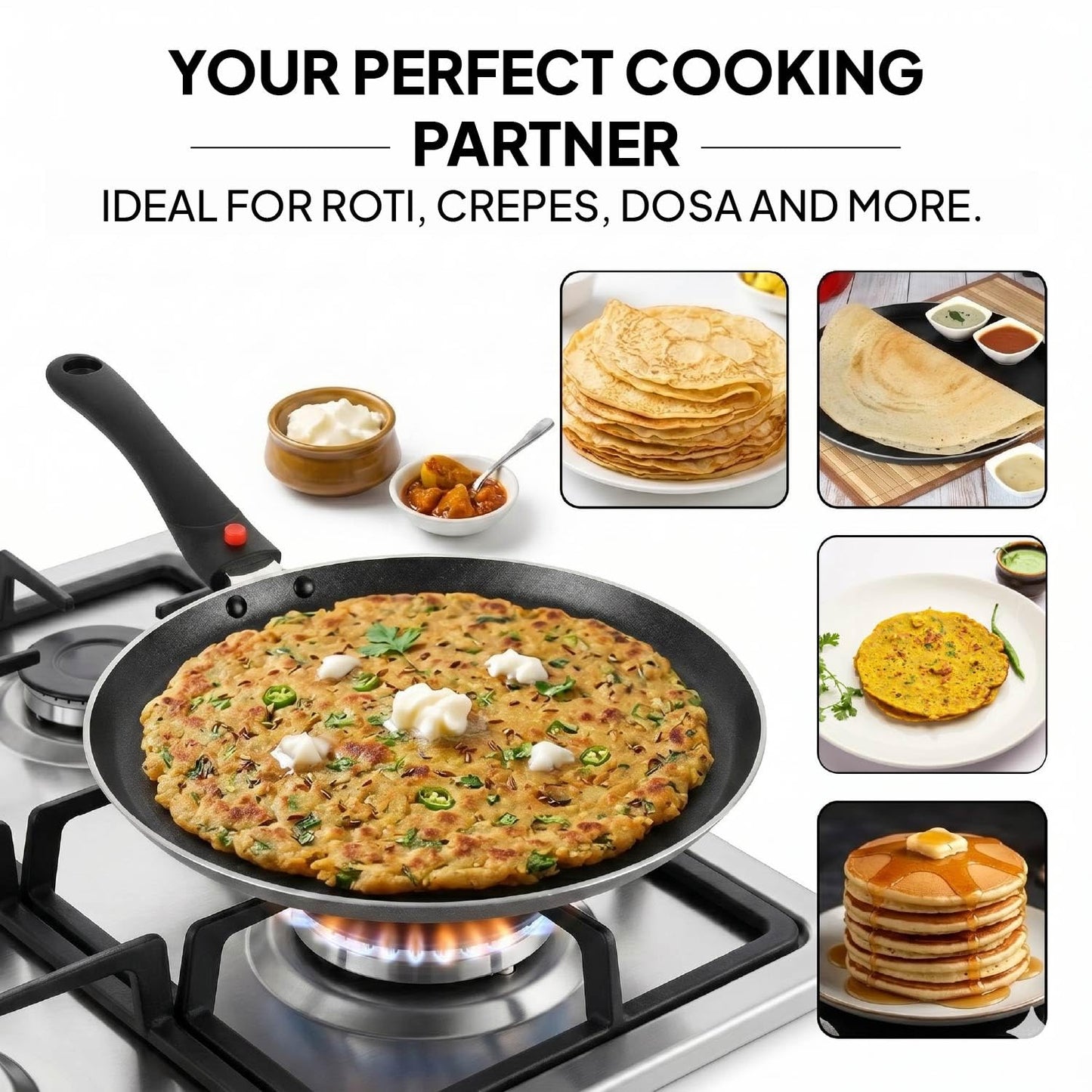 CELLO Aluminium Non-Stick Induction Base Dosa Tawa with Detachable Bakelite Handle 28 CM Black - Dista