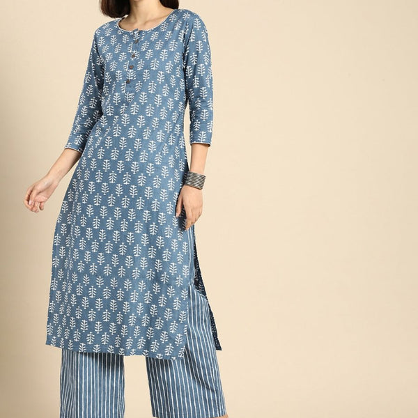 Anouk Women Blue Ethnic Motifs Printed Regular Pure Cotton Kurta with Palazzos - Distacart