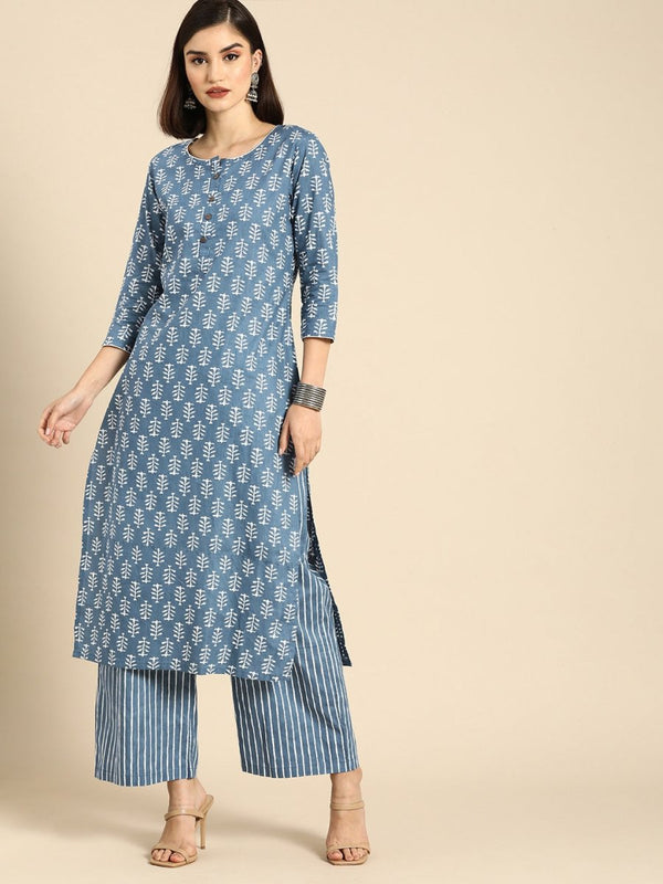 Anouk Women Blue Ethnic Motifs Printed Regular Pure Cotton Kurta with Palazzos - Distacart