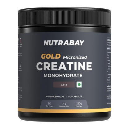 Nutrabay Gold Micronised Creatine Monohydrate Powder 3000 mg Creatine per Serving, NABL Lab Tested – Increases Muscle Mass, Strength & Power – Pre/Post Workout Supplement – 120g, Cola