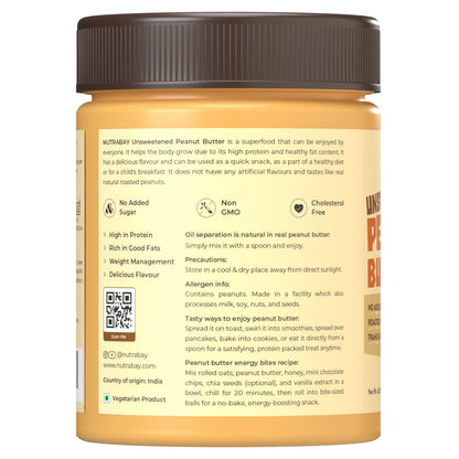 Nutrabay Foods All-Natural Peanut Butter (Crunchy) - Unsweetened, 400g | 28g Protein, Zero Cholesterol, Vegan, Gluten Free, Non GMO