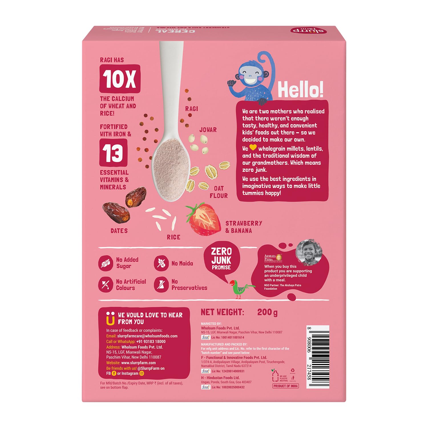 Slurrp Farm Instant Cereal With Ragi, Rice & Strawberry with Milk - Distacart