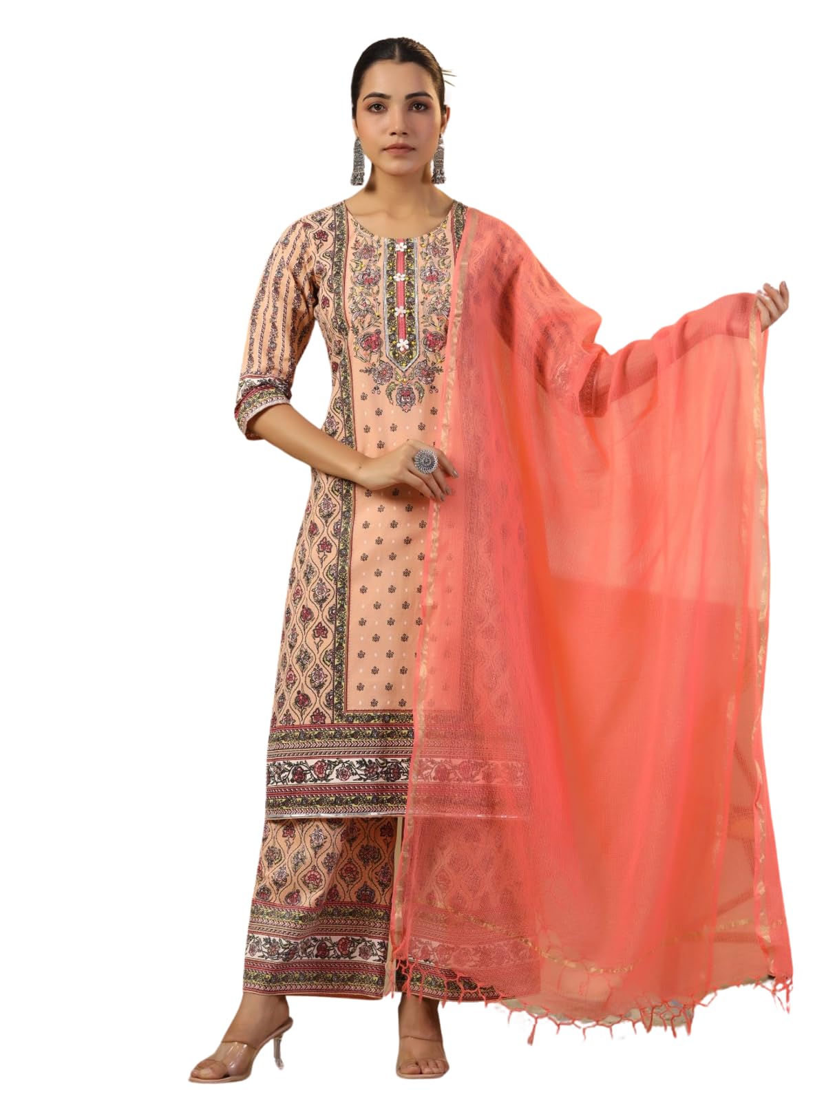 Juniper Women's Peach Ethnic Motif Printed Pure Cotton Kurta Palazzos & Kota Doria Dupatta With Beads & Sequins - Distacart