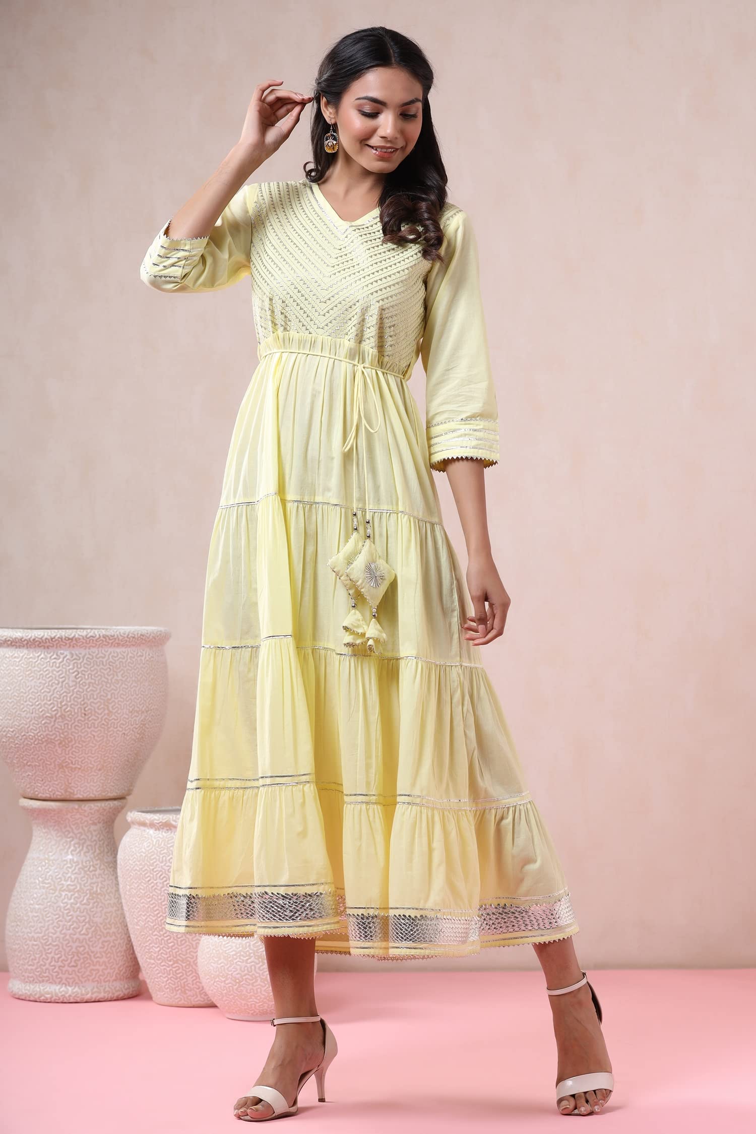 Juniper Women's Yellow Solid Pure Cotton Solid Tiered Maxi Dress With Gota Work Dori Tie-Up & Cushioned Tassels At Waist - Distacart
