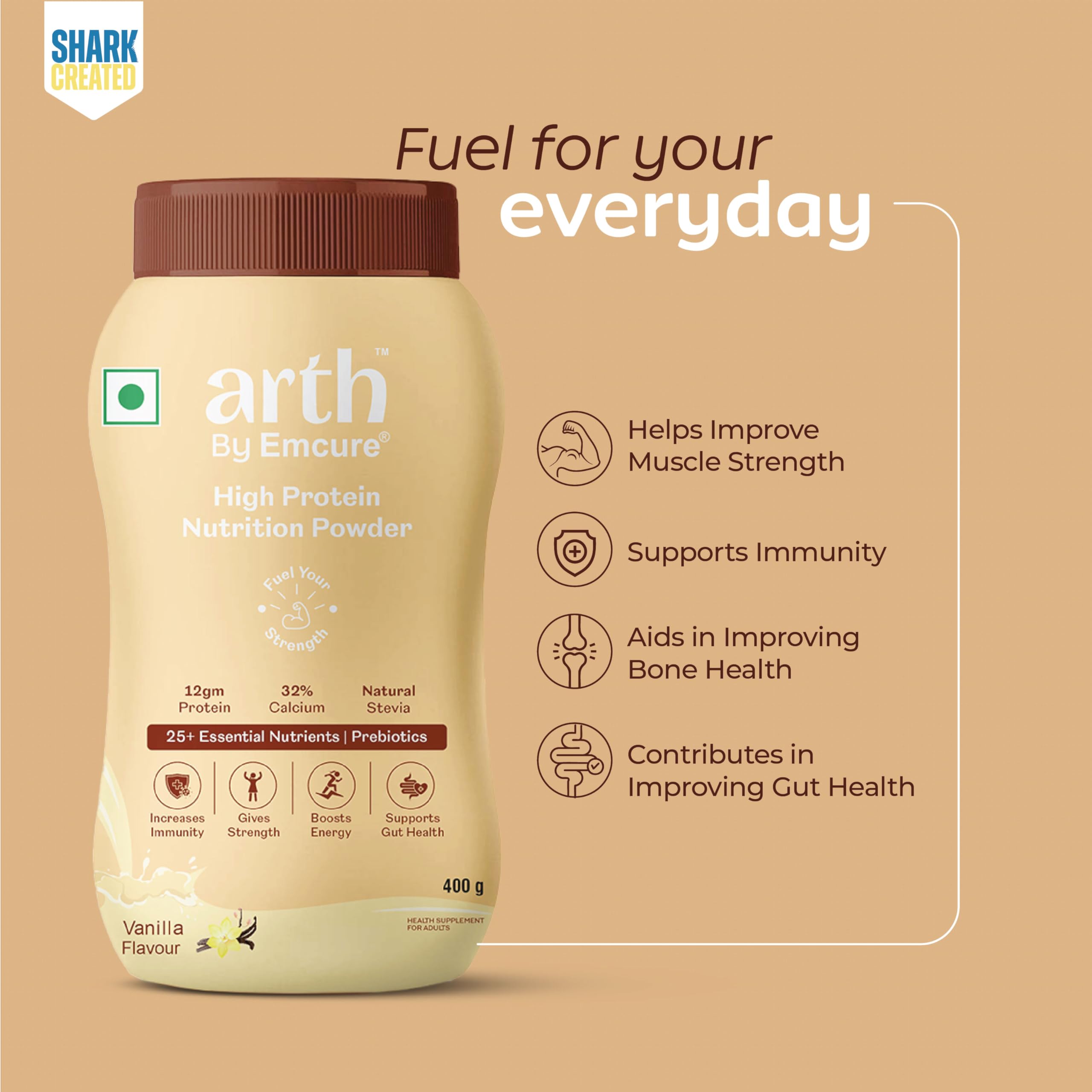 Arth High Protein Nutrition Powder | 12g Protein per Serving | 25+ Essential Nutrients with Prebiotic | No Added Sugar | Supports Energy, Strength & Immunity | 400gm (Vanilla Flavour)