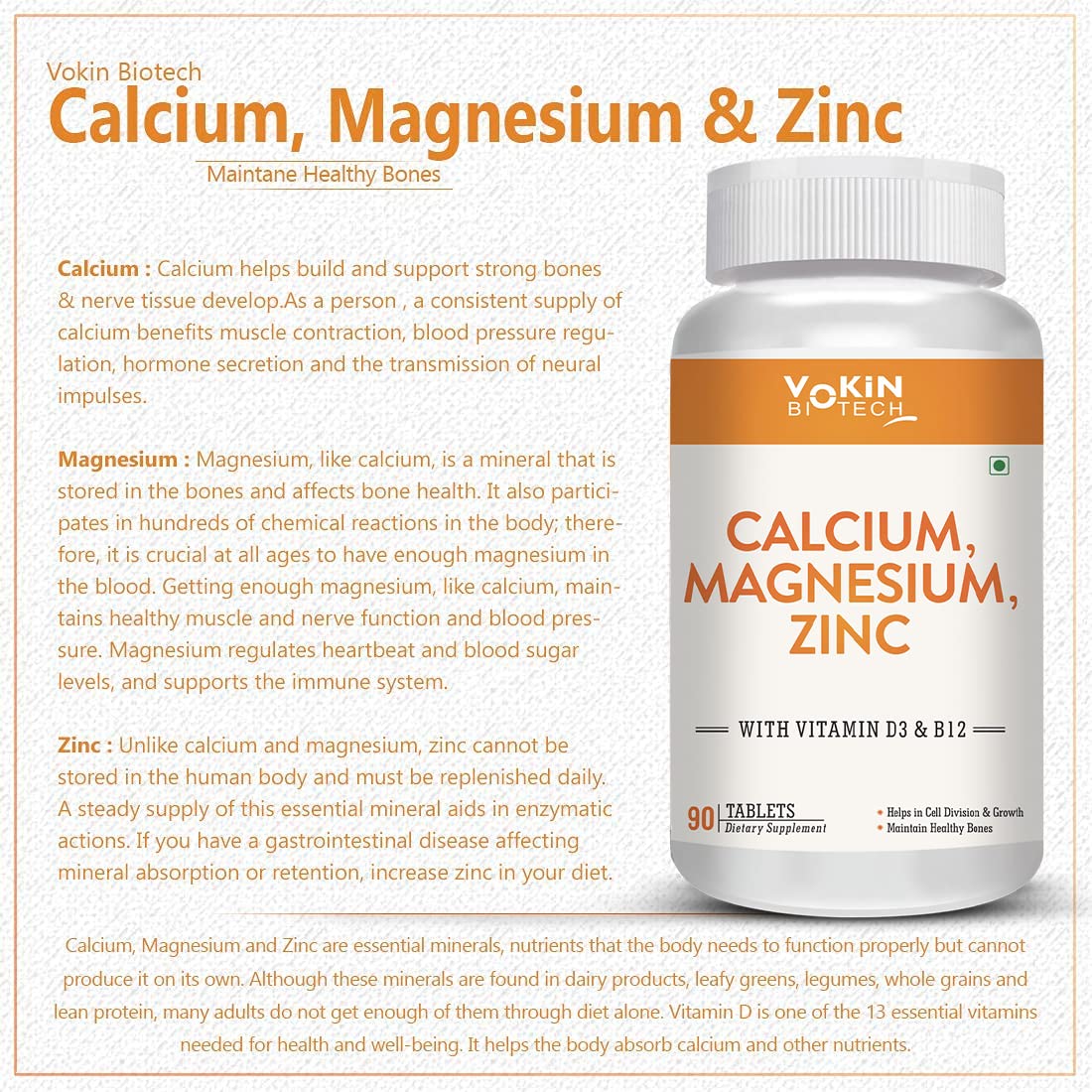 Vokin Biotech Calcium, Magnesium, Zinc, D3 & B12-90 Tablets