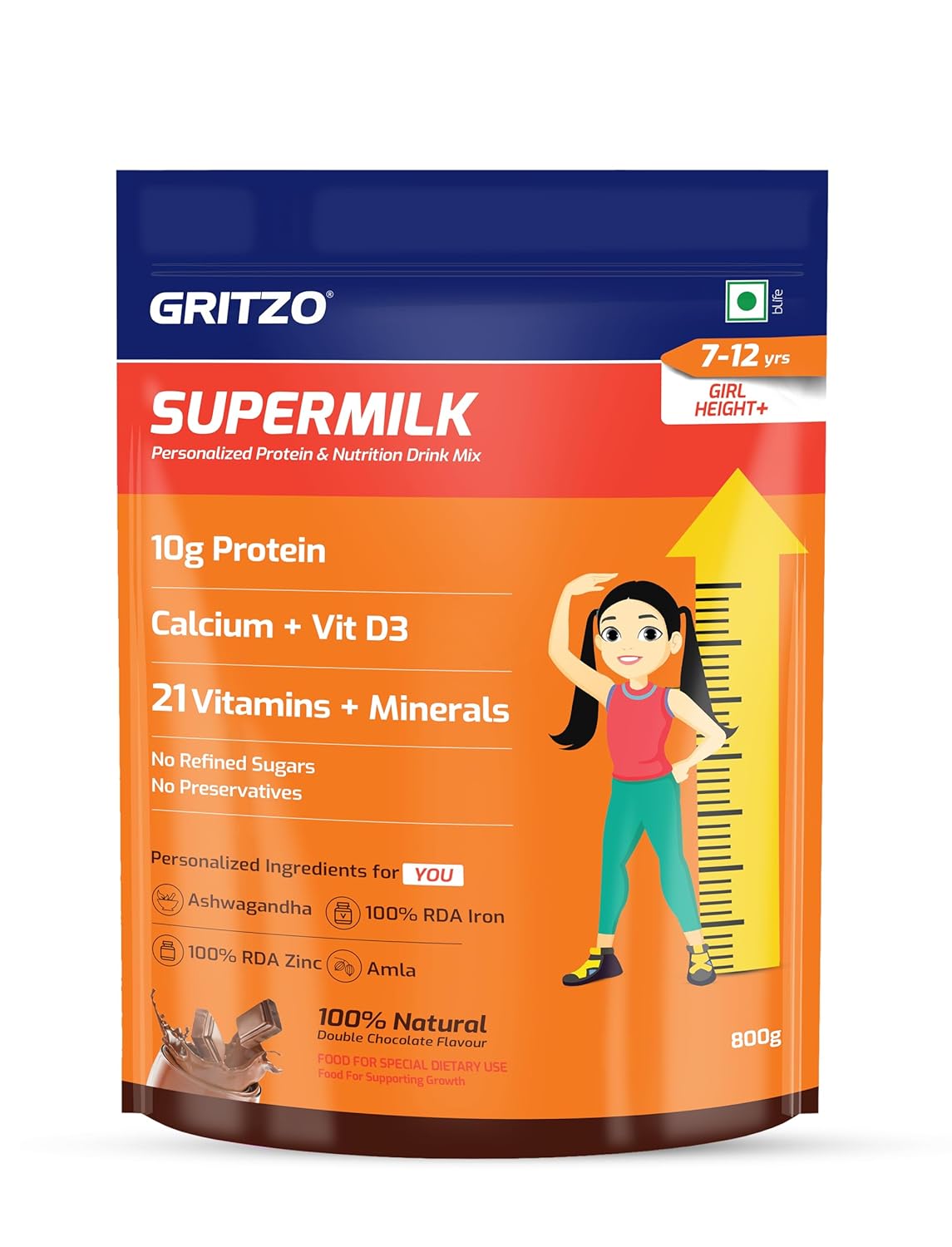 Gritzo SuperMilk Height+ Health Drink for 7-12y Girls - Double Chocolate Flavor - Distacart