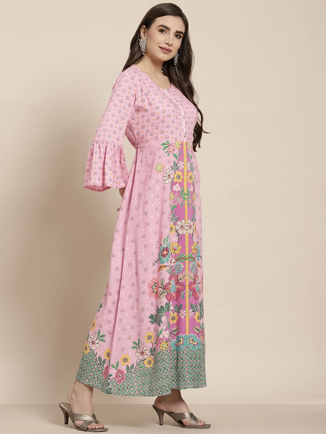 Juniper Women's Pink Floral Printed Rayon Kurta With Buttons Closure At Back - Distacart