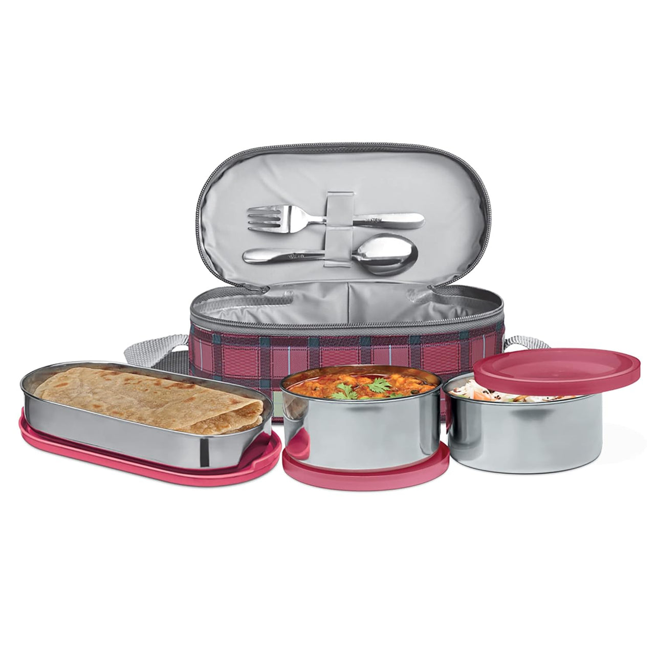 MILTON Corporate Lunch Stainless Steel Containers, Set of 3, (280 ml, 280 ml, 472 ml), Maroon - Dista