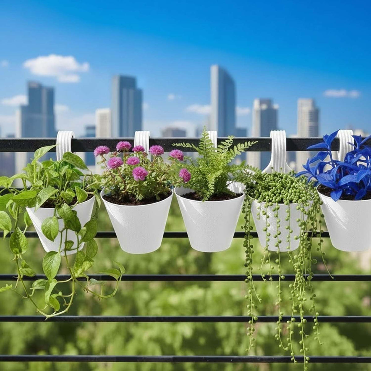 Go Hooked Plastic Hanging Planter for Plants, Vertical Gardens, Modern Living, Greenery, Compact Living Spaces, Railing Flower Pots, Pot Diameter (22 cm), Pot Height (17 cm) (Set of 5) (White)