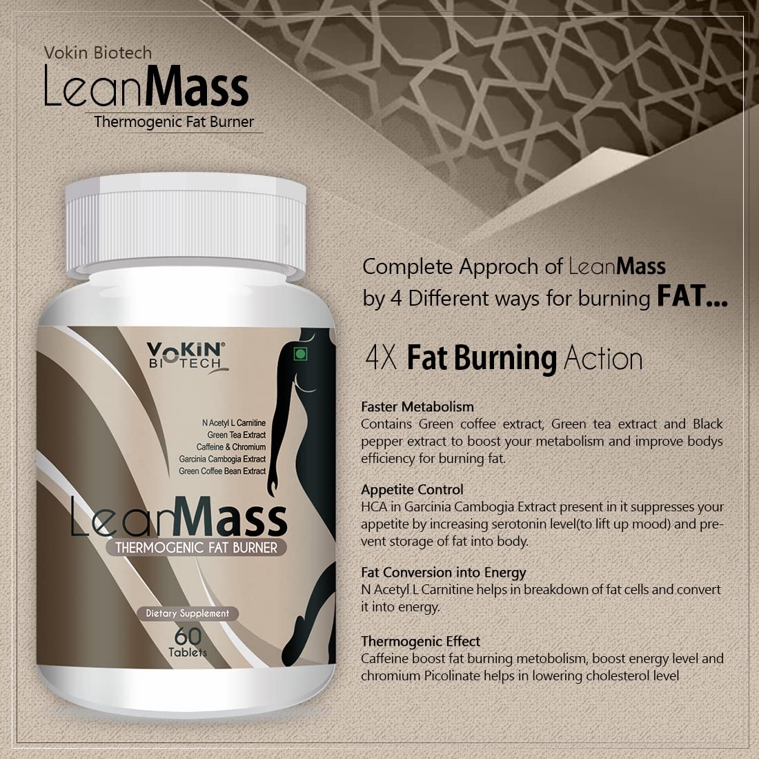 Vokin Biotech Lean Mass Thermogenic Fat Burner with Green tea Extract, N Acetyl L Carnitine, Garcinia Cambogia Weight loss product for Men & Women (60 Tablets)