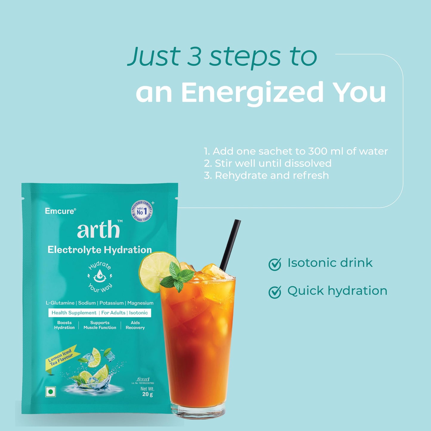Arth Electrolyte Powder | Instant Daily Hydration Drink | L-Glutamine for Muscle Recovery & Gut Support | Low Sodium | Potassium & Magnesium | Lemon Iced Tea - Flavour | 20 Sachets