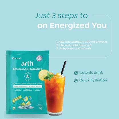 Arth Electrolyte Powder | Instant Daily Hydration Drink | L-Glutamine for Muscle Recovery & Gut Support | Low Sodium | Potassium & Magnesium | Lemon Iced Tea - Flavour | 20 Sachets