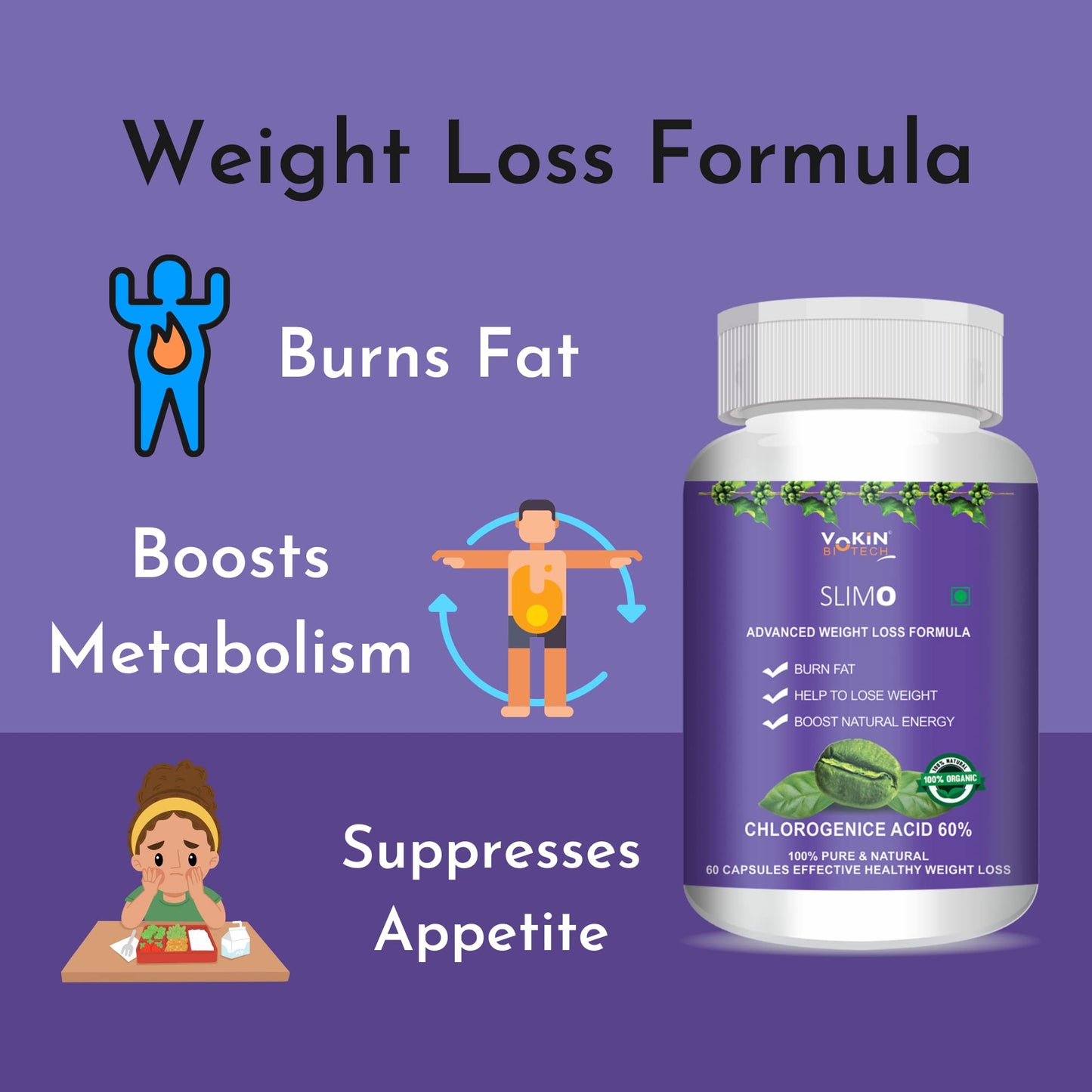 Vokin Biotech Slimo Advanced Weight Loss Formula with Green Coffee Extract 100mg and Garcinia Cambogia Extract 500mg Fat Burner for Men and Women (60 Capsules)