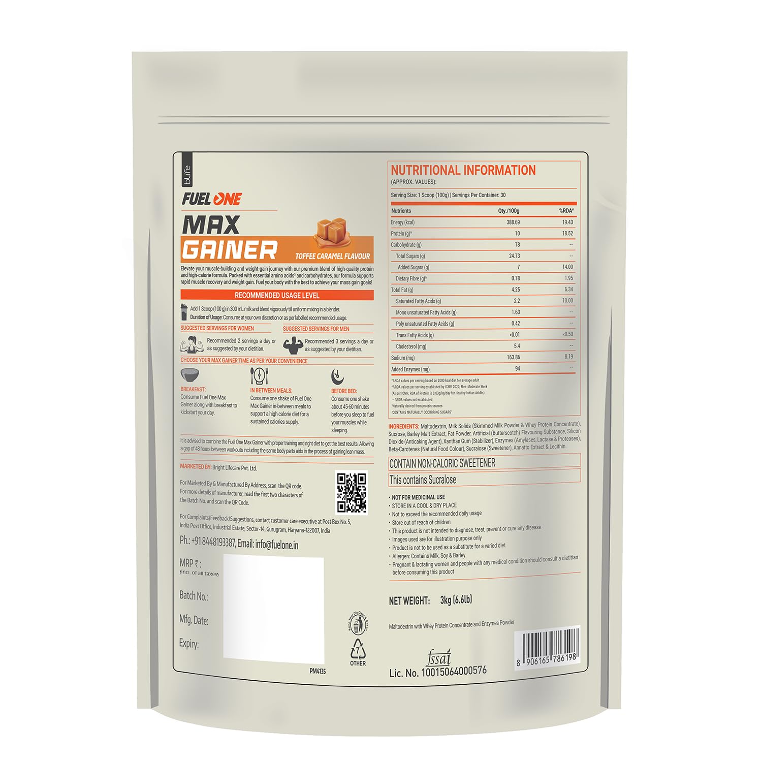FUELONE Max Gainer (Caramel Toffee, | High-Calorie Gainer with Added Digestive Enzymes