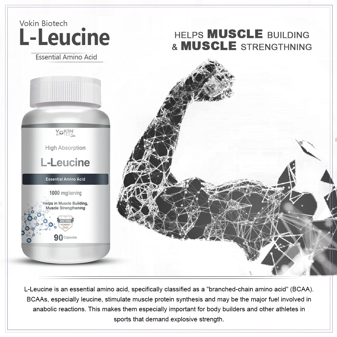 Vokin biotech L- Leucine – Supports muscle Building, Muscle Strengthening – 1000mg (90 Capsules)