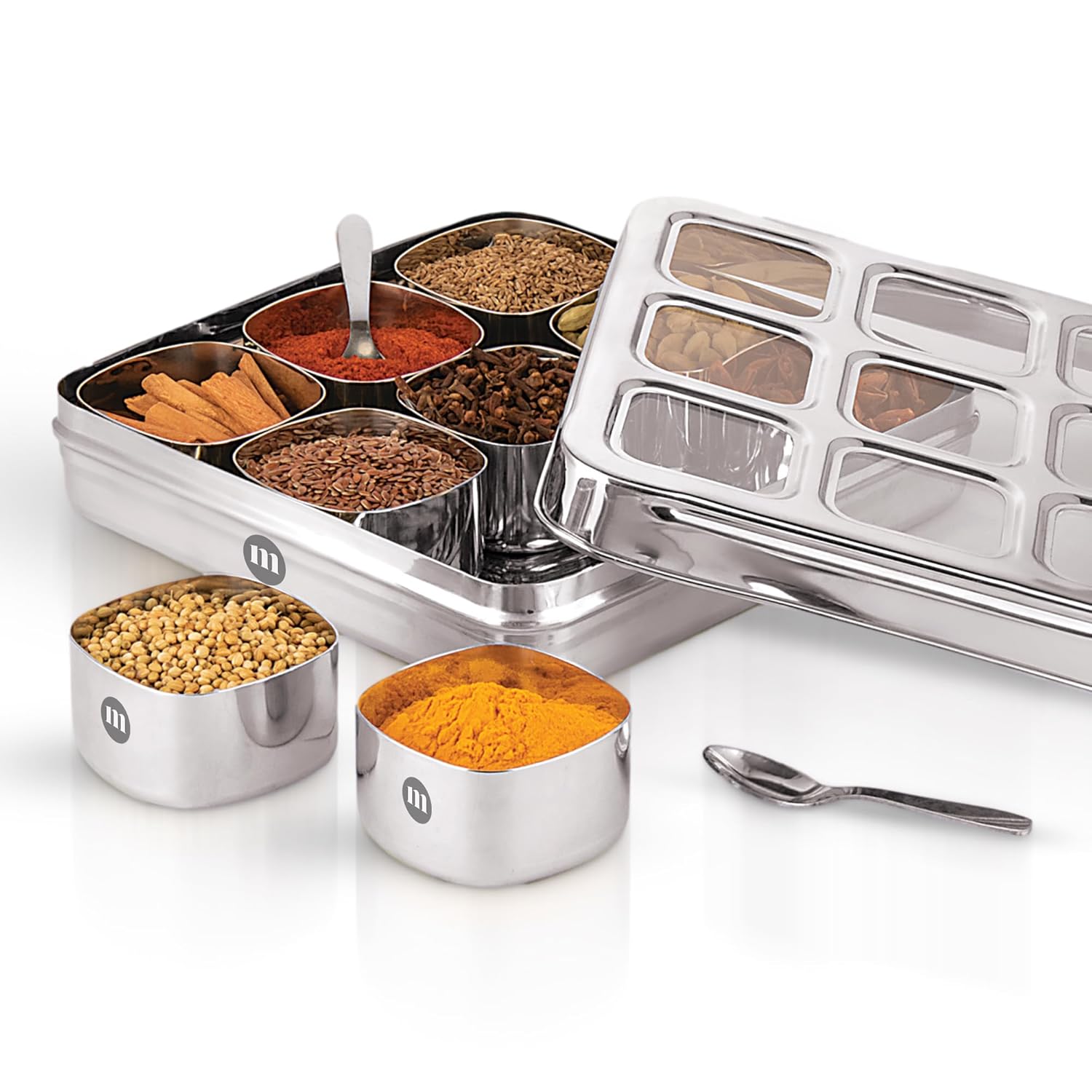 MARU Stainless Steel 9-in-1 Square Masala Dabba – Spice Box with 9 Round Containers - Dista