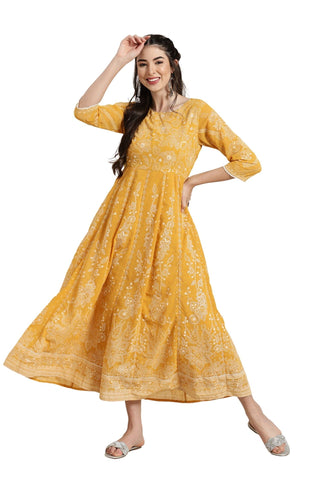 Juniper Women's Yellow Floral Printed Georgette Maxi Dress With Beads Kantha Work & Sequins At Neckline - Distacart