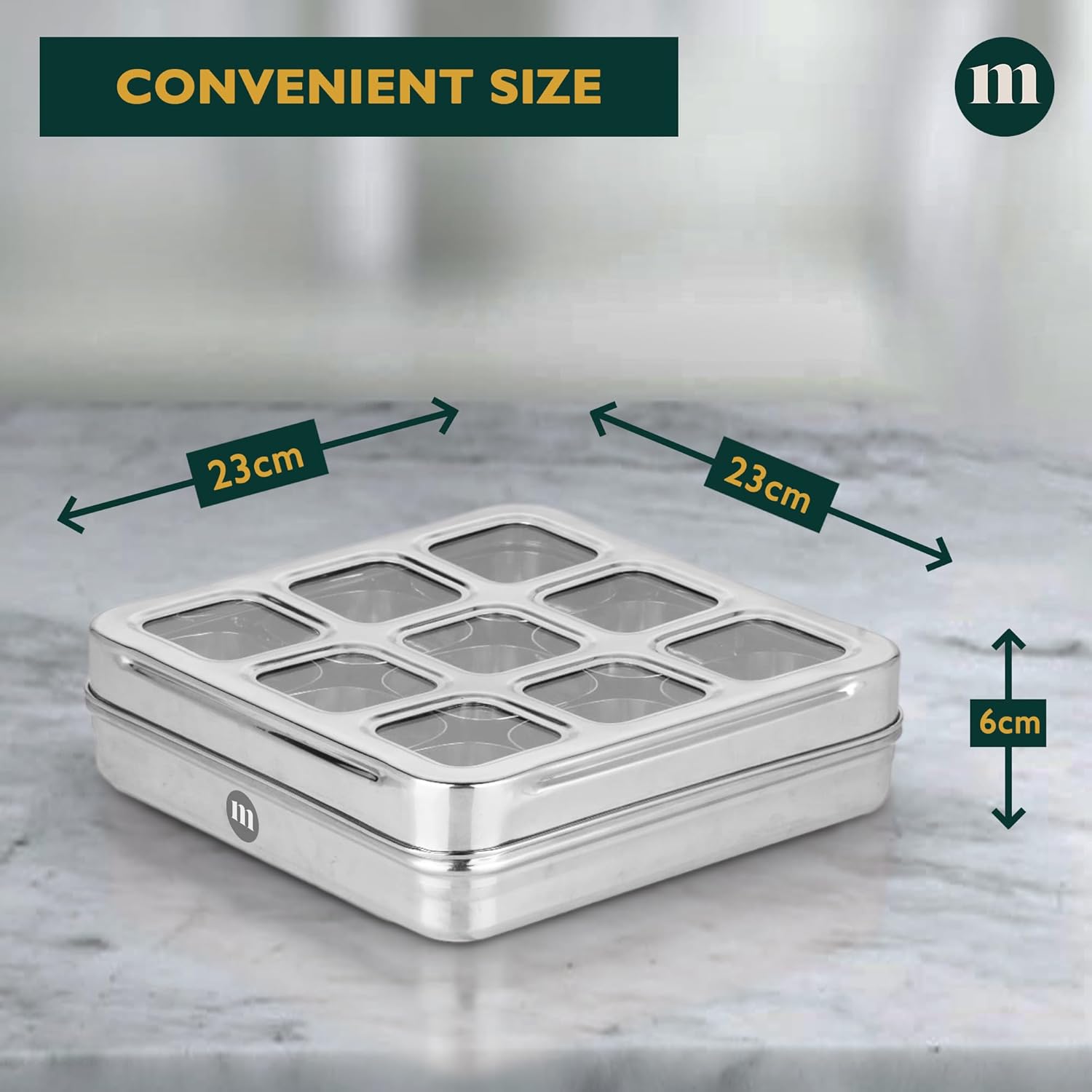 MARU Stainless Steel 9-in-1 Square Masala Dabba – Spice Box with 9 Round Containers - Dista