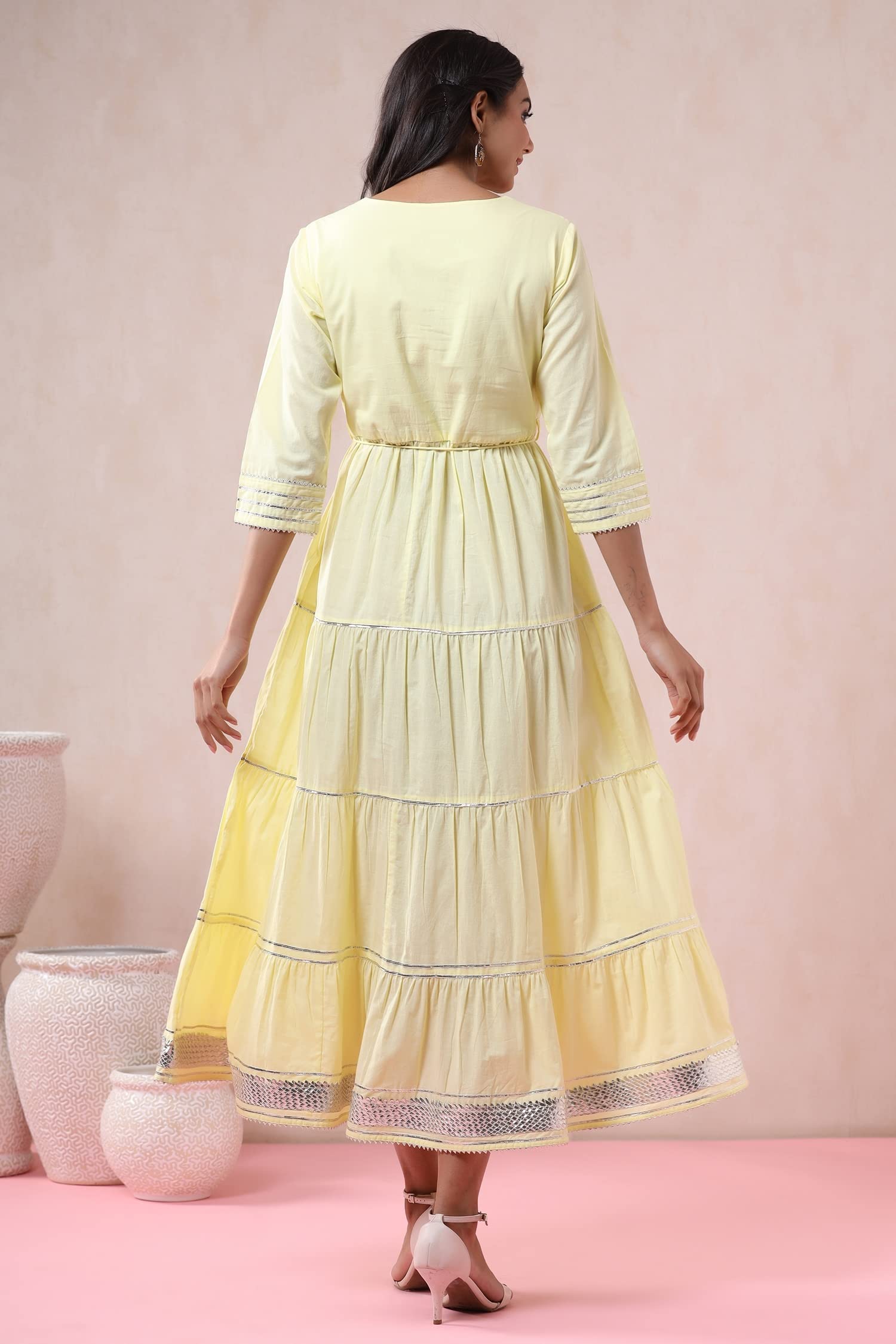 Juniper Women's Yellow Solid Pure Cotton Solid Tiered Maxi Dress With Gota Work Dori Tie-Up & Cushioned Tassels At Waist - Distacart