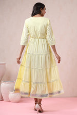 Thumbnail for Juniper Women's Yellow Solid Pure Cotton Solid Tiered Maxi Dress With Gota Work Dori Tie-Up & Cushioned Tassels At Waist - Distacart