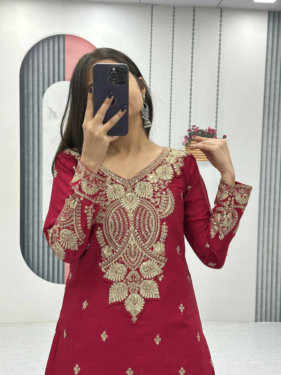 Teeya Creation Womens New Wedding Wear Heavy Embroidery Thread Work Maroon Kurta Set - Dista