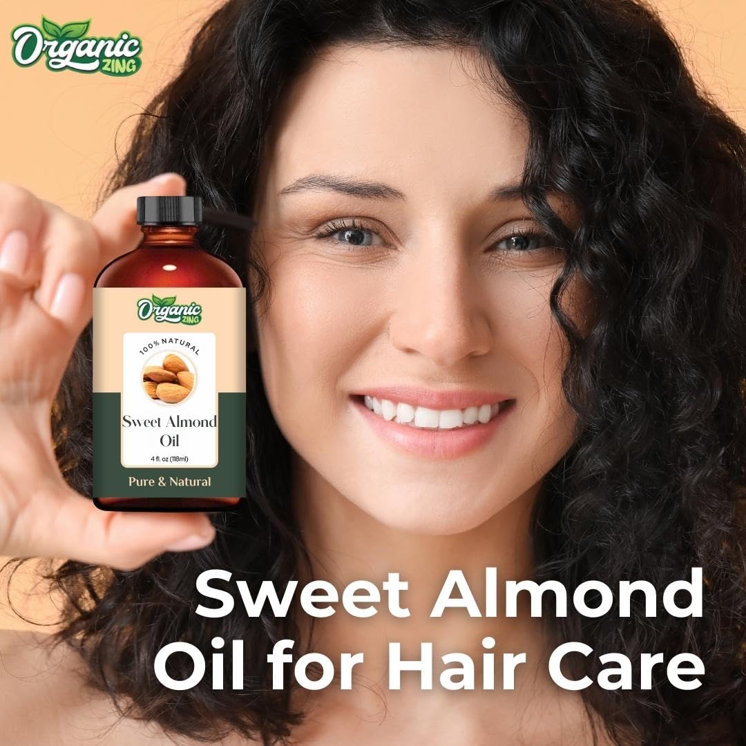Organic Zing Sweet Almond (Prunus Amygdalus) Oil | Pure & Natural Essential Oil for Skincare, Hair Care, Massage