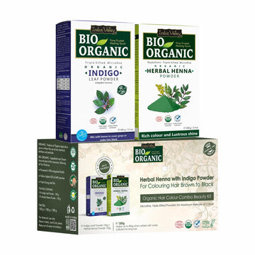 Indus Valley Bio Organic 100% Pure Indigo Powder & Herbal Henna Powder Hair Color Combo Kit for Natural Hair Dyeing - Black Indigo - 100 gm Each Without Preservatives - Distacart