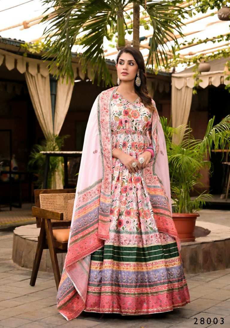 Wedding Designer Multi Soft Dola Silk Anarkali suit with Dupatta - Sanj - Distacart