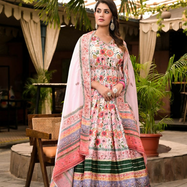 Wedding Designer Multi Soft Dola Silk Anarkali suit with Dupatta - Sanj - Distacart