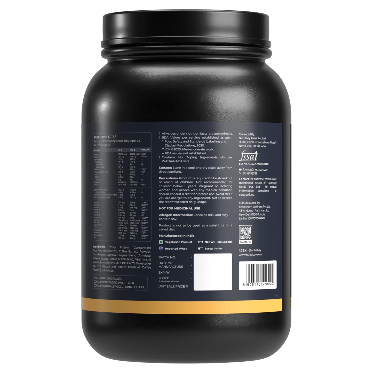 Nutrabay Gold Whey Protein Concentrate with Digestive Enzymes & Vitamin Minerals 25g Protein – Muscle Support & Recovery – 1kg, Cold Coffee | Trustified Certified Authentic
