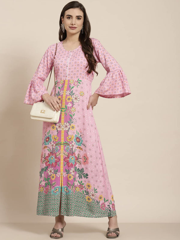 Juniper Women's Pink Floral Printed Rayon Kurta With Buttons Closure At Back - Distacart