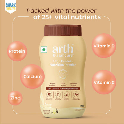 Arth High Protein Nutrition Powder | 12g Protein per Serving | 25+ Essential Nutrients with Prebiotic | No Added Sugar | Supports Energy, Strength & Immunity | 400gm (Vanilla Flavour)
