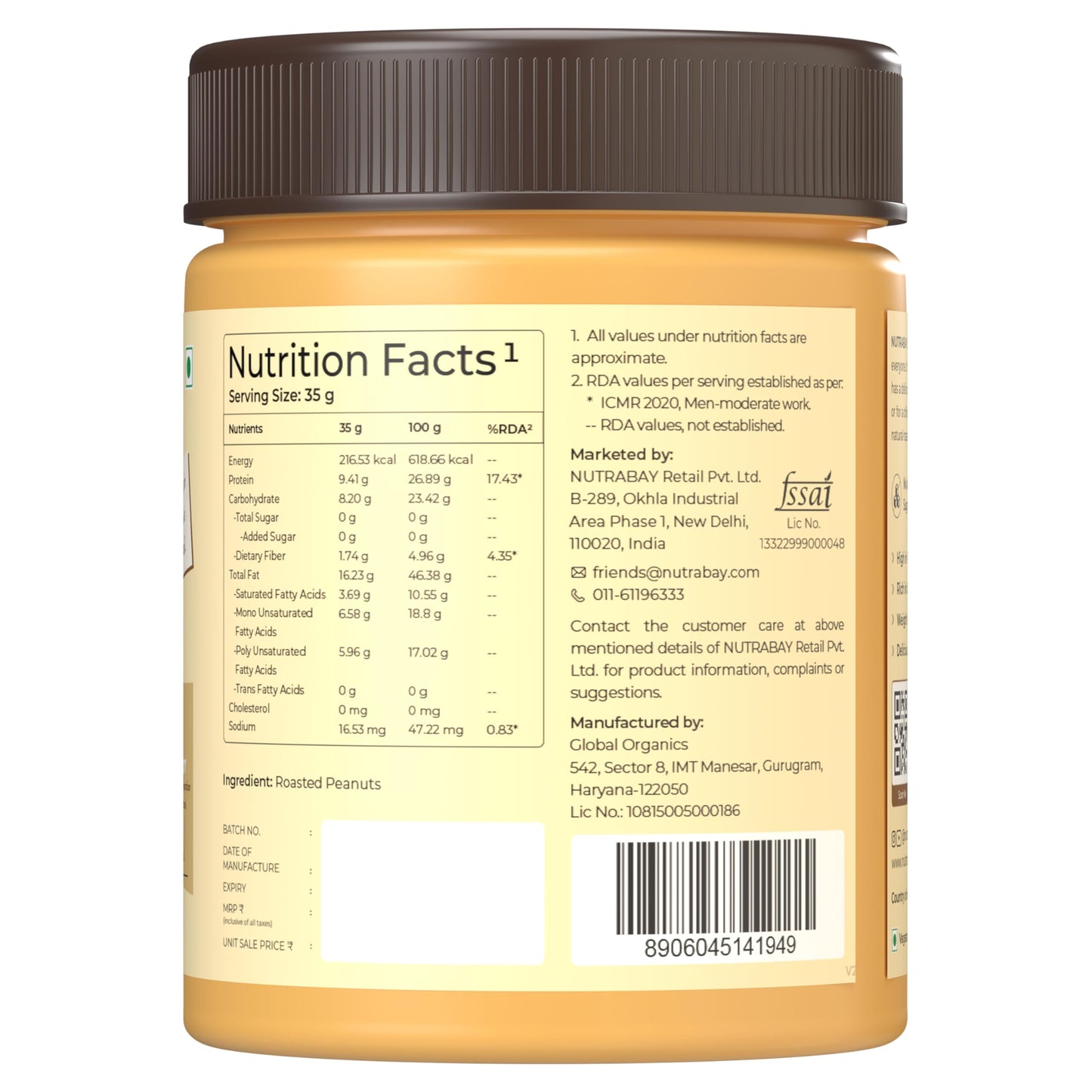 Nutrabay Foods All-Natural Peanut Butter (Crunchy) - Unsweetened, 400g | 28g Protein, Zero Cholesterol, Vegan, Gluten Free, Non GMO