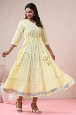 Thumbnail for Juniper Women's Yellow Solid Pure Cotton Solid Tiered Maxi Dress With Gota Work Dori Tie-Up & Cushioned Tassels At Waist - Distacart