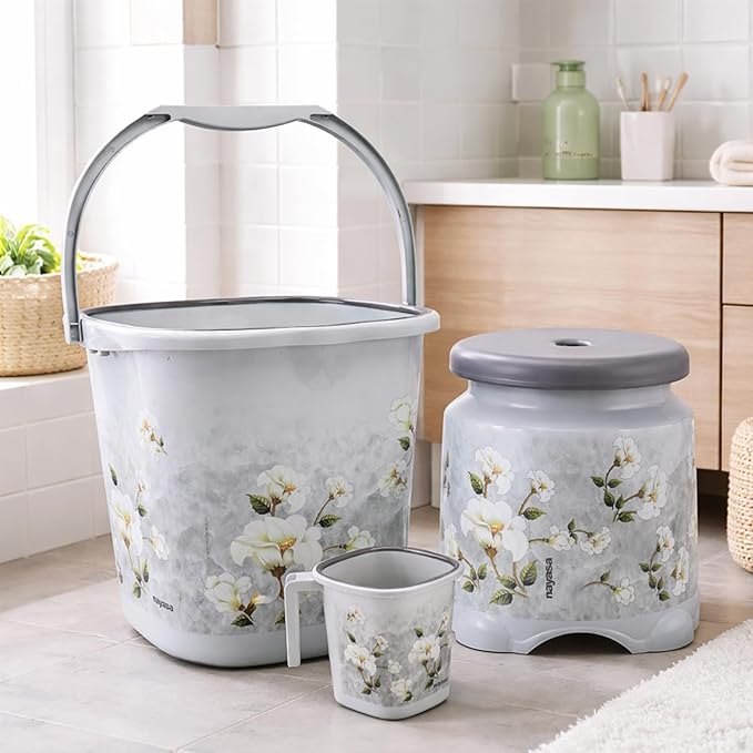 Nayasa Marble 3 Pcs Bathroom Set|Bucket 18 L + Mug 1.5 L + 508 Stool|Grey - Dista