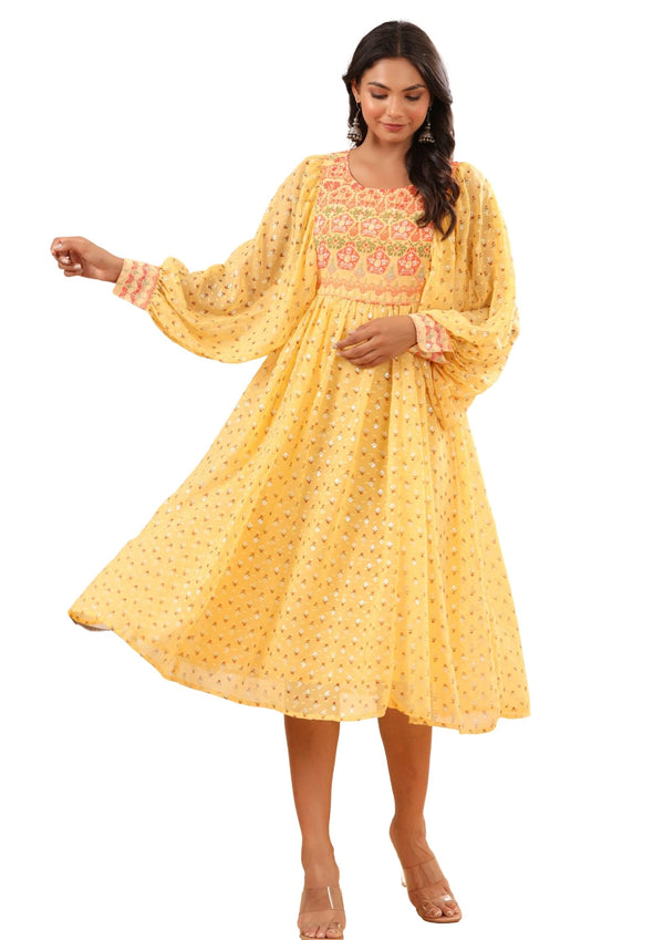 Juniper Women's Yellow Ethnic Motif Printed Georgette Midi Dress With Sequins Work - Distacart