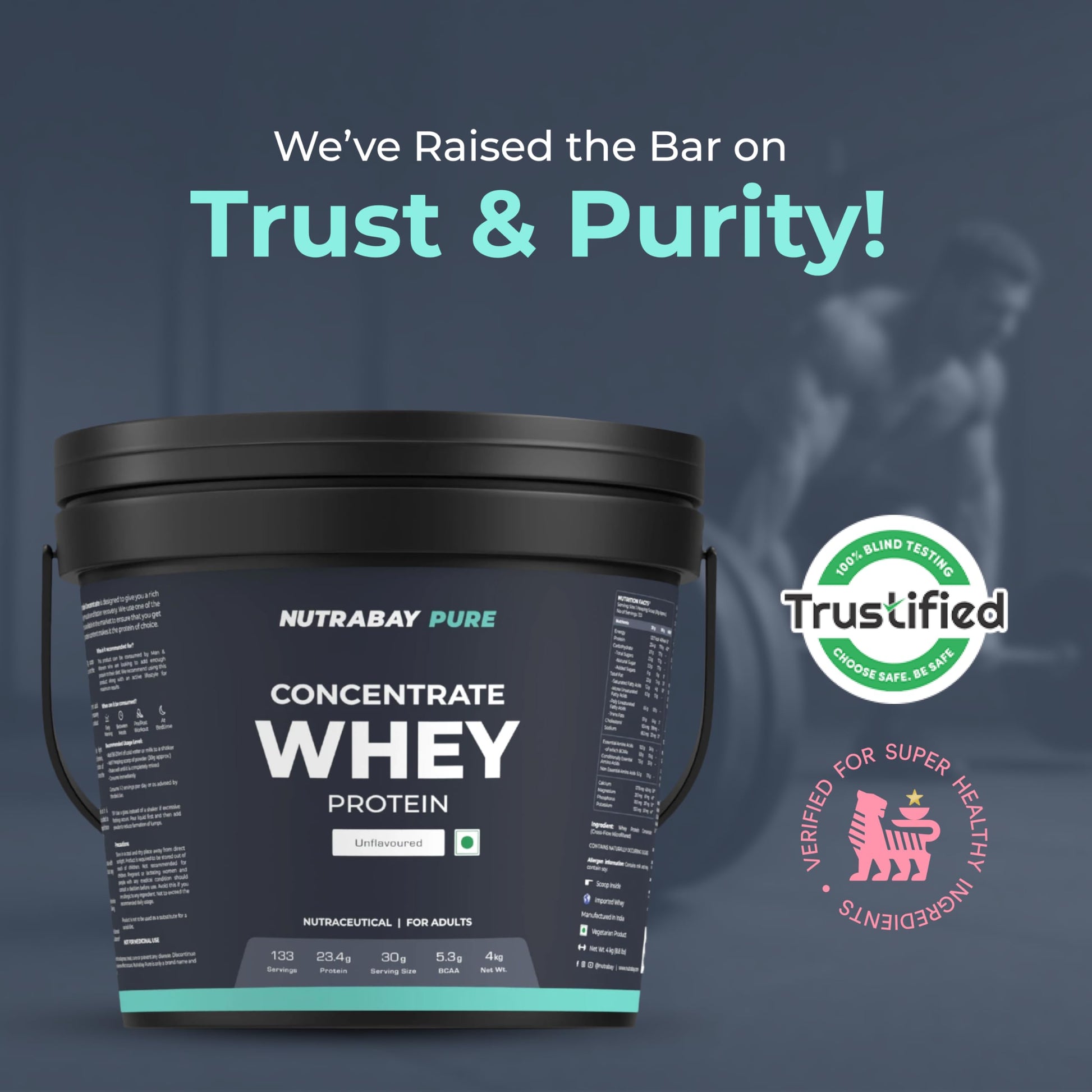 Nutrabay Pure 100% Authentic Whey Protein Concentrate Powder 23.4g Protein, 5.3g BCAA per Serving, Trustified Certified – Muscle Growth & Recovery – , Unflavoured